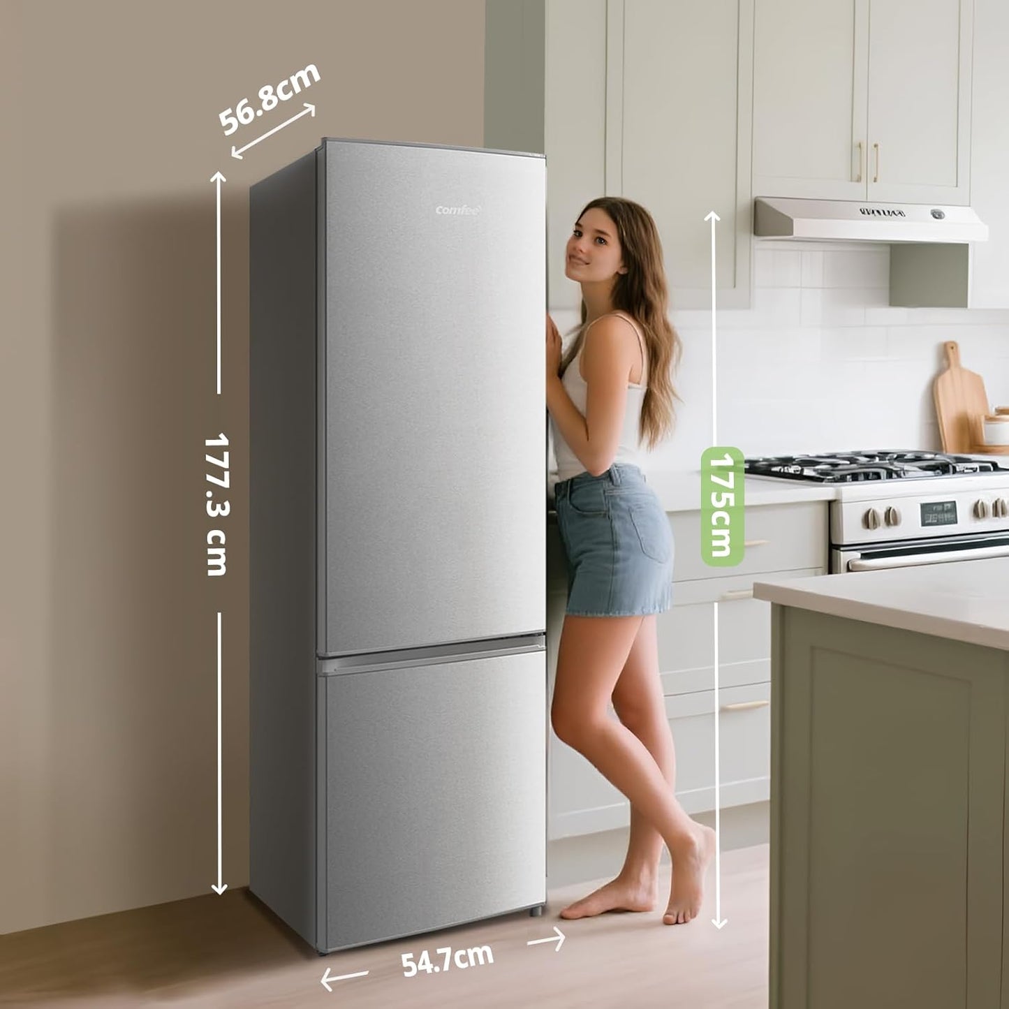 Comfee ' RCB359IX2 Combined Refrigerator, 262L(197+65), Large Capacity, Low Frost, Height 177.5 cm, Low Noise 39 dB, LED Lighting, Adjustable Temperature, Stainless Steel