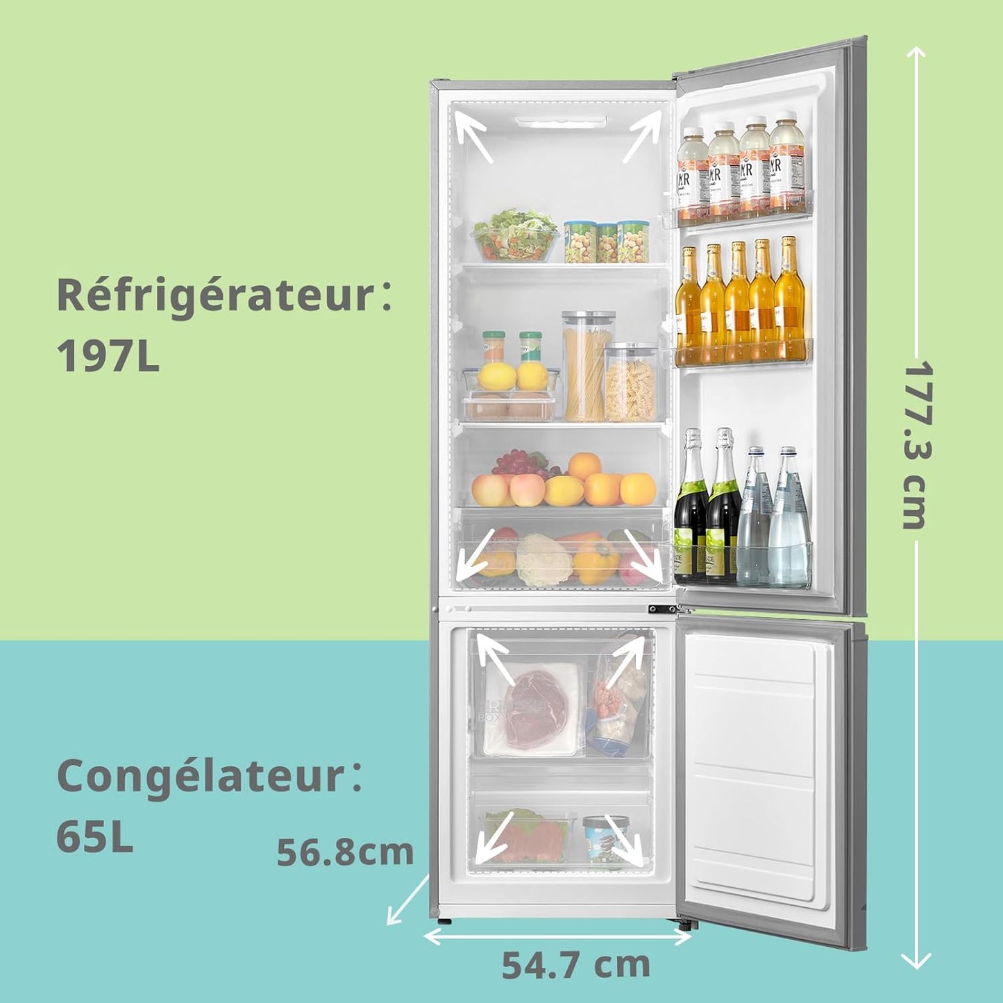 Comfee ' RCB359IX2 Combined Refrigerator, 262L(197+65), Large Capacity, Low Frost, Height 177.5 cm, Low Noise 39 dB, LED Lighting, Adjustable Temperature, Stainless Steel
