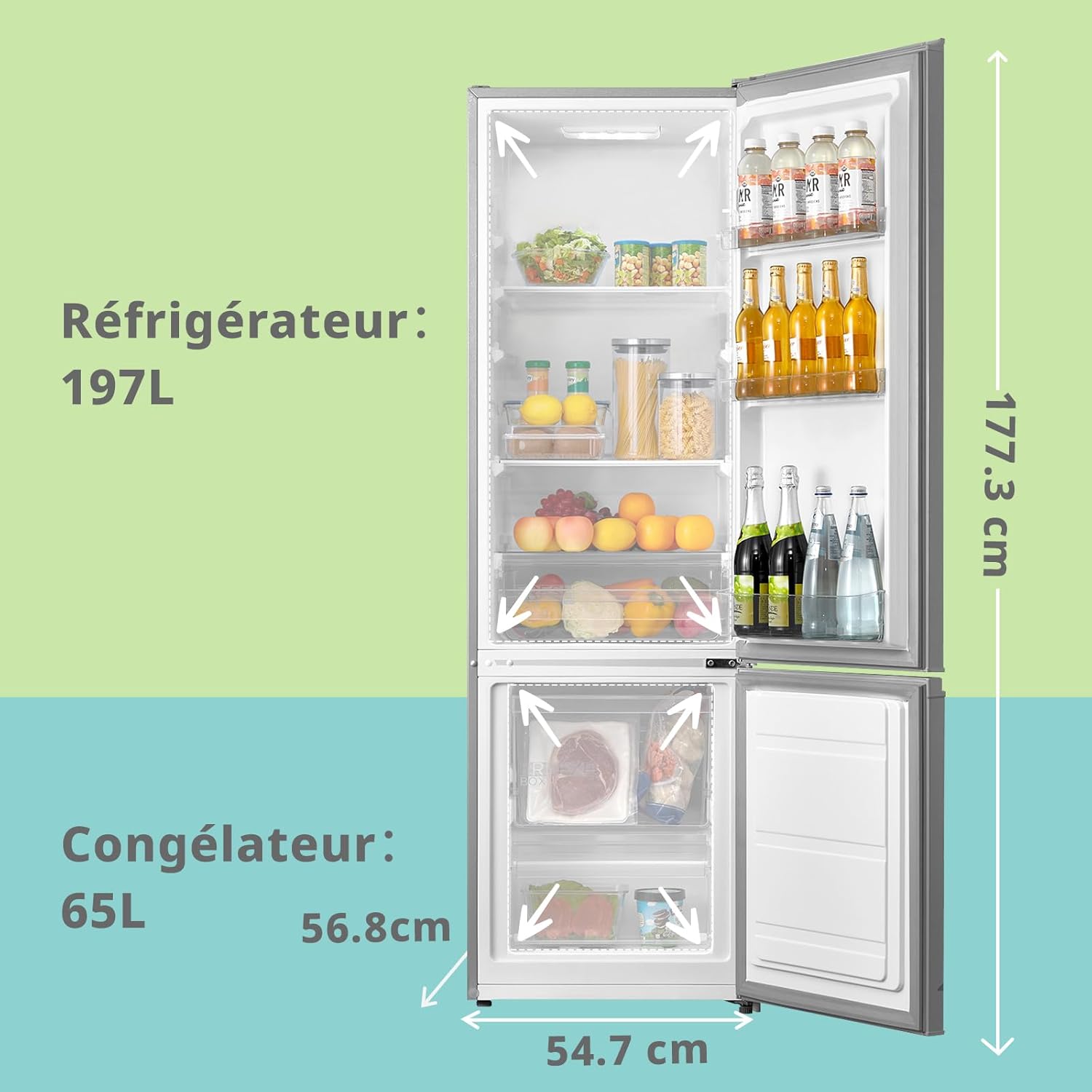 Comfee ' RCB359IX2 Combined Refrigerator, 262L(197+65), Large Capacity, Low Frost, Height 177.5 cm, Low Noise 39 dB, LED Lighting, Adjustable Temperature, Stainless Steel
