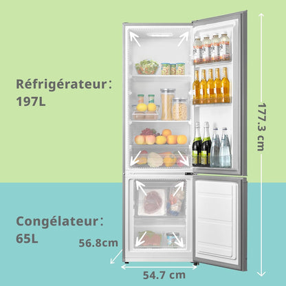 Comfee ' RCB359IX2 Combined Refrigerator, 262L(197+65), Large Capacity, Low Frost, Height 177.5 cm, Low Noise 39 dB, LED Lighting, Adjustable Temperature, Stainless Steel