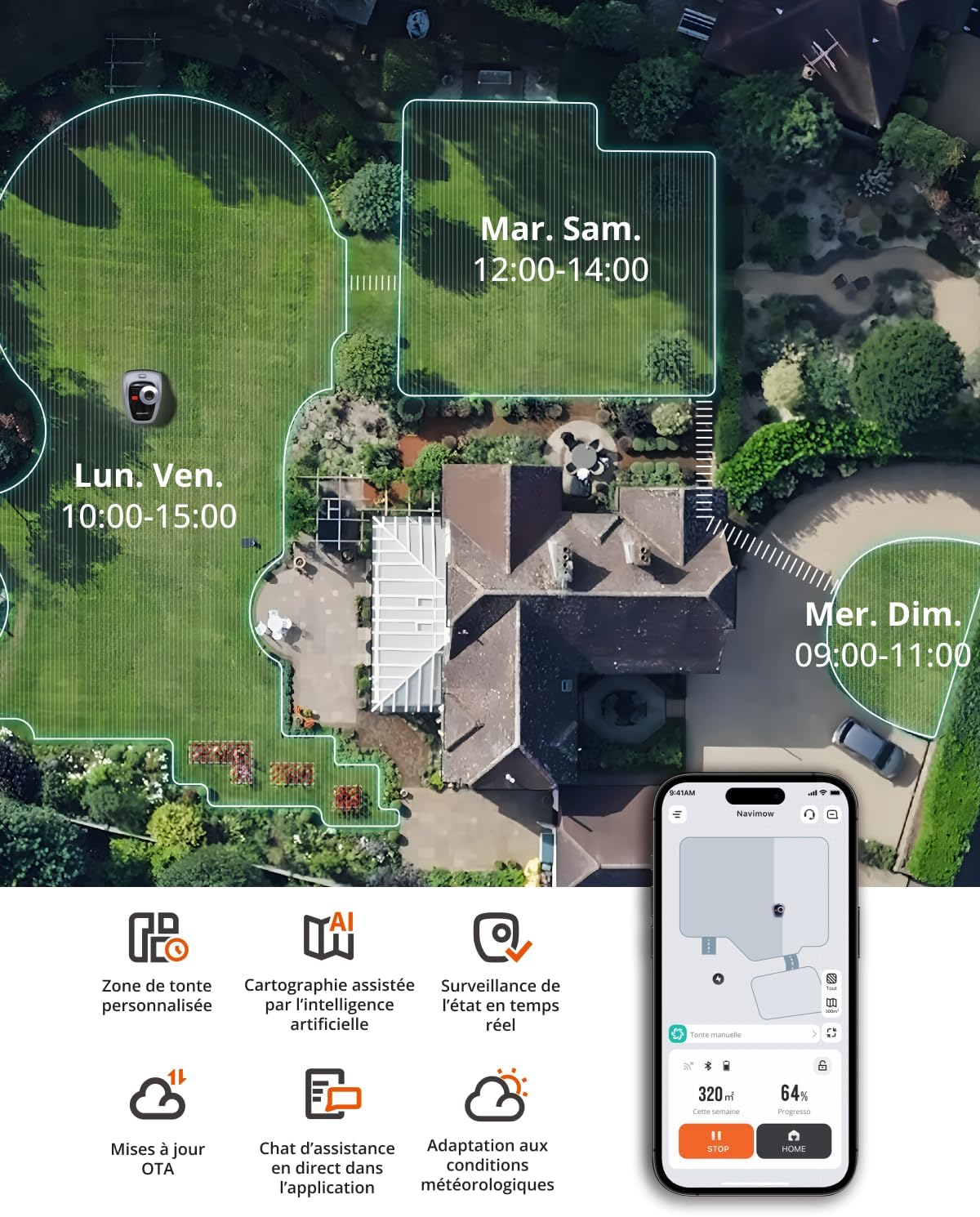 Segway Navimow i105E Robot Tondeuse sans Fil périphérique, Recommandé 500 m², Max. 600 m², RTK+Vision Tondeuse Robot Gazon, IA cartographie Automatique, Limite virtuelle, Gestion multizone
