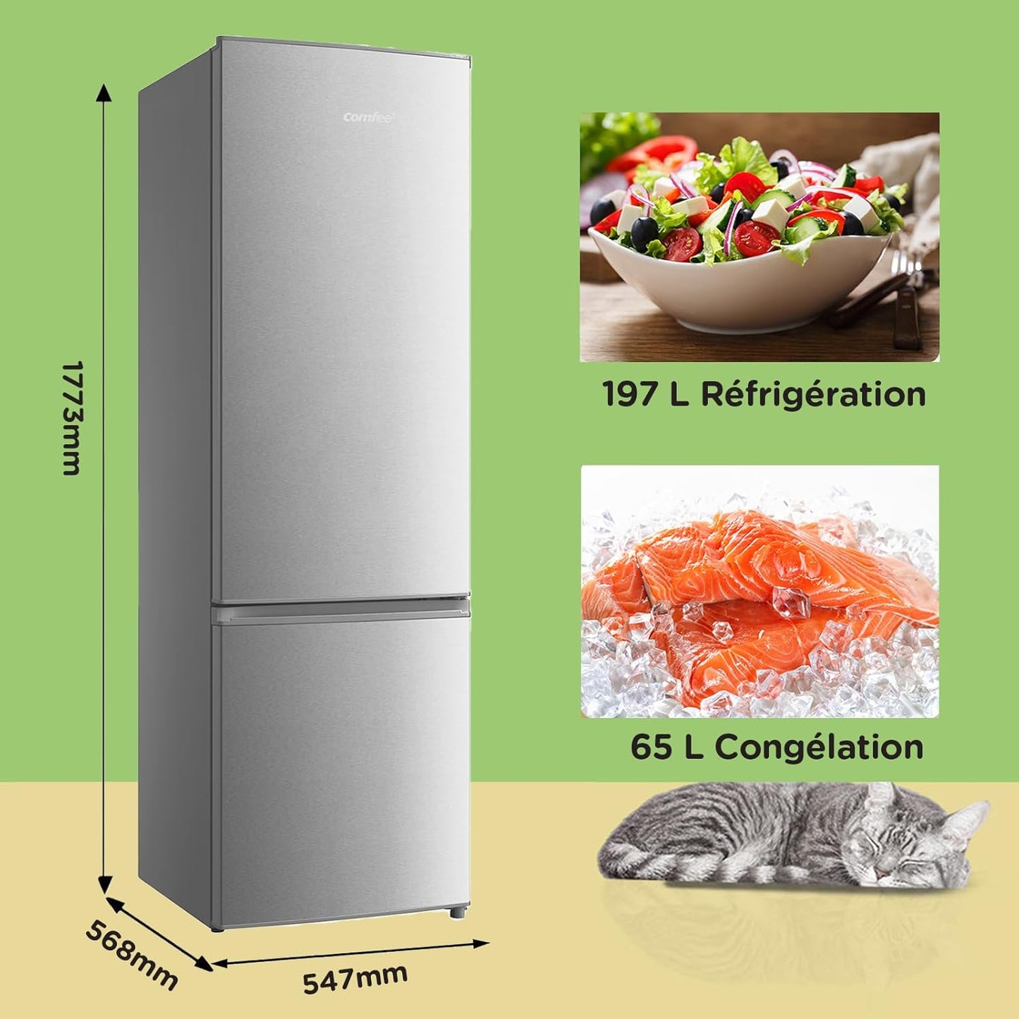 Comfee ' RCB359IX2 Combined Refrigerator, 262L(197+65), Large Capacity, Low Frost, Height 177.5 cm, Low Noise 39 dB, LED Lighting, Adjustable Temperature, Stainless Steel