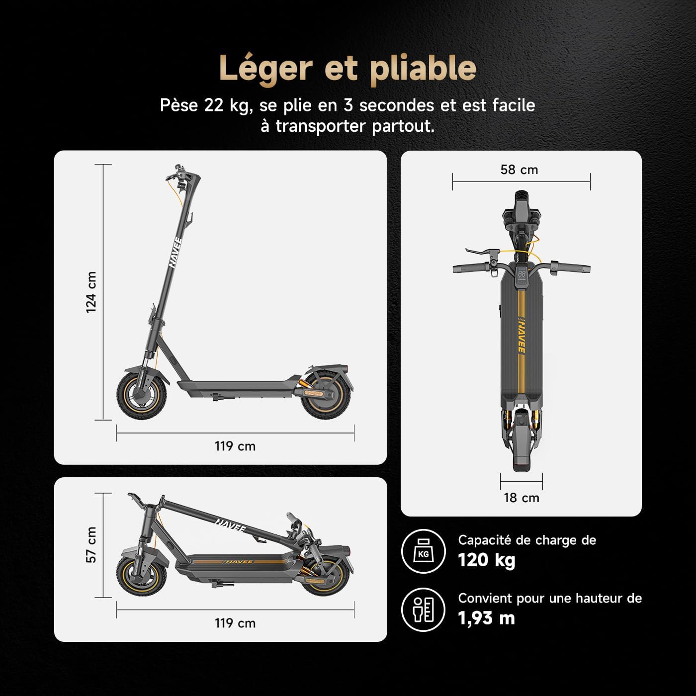 NAVEE GT5 et GT3 Série Trottinette Electrique Adulte 50-90KM, Moteur 700-1638W, Triple Freinage & TCS, Antivol Intégré, Connectivité Bluetooth, Pneus 10" Tubeless, Sécurité 360°, App Intelligent