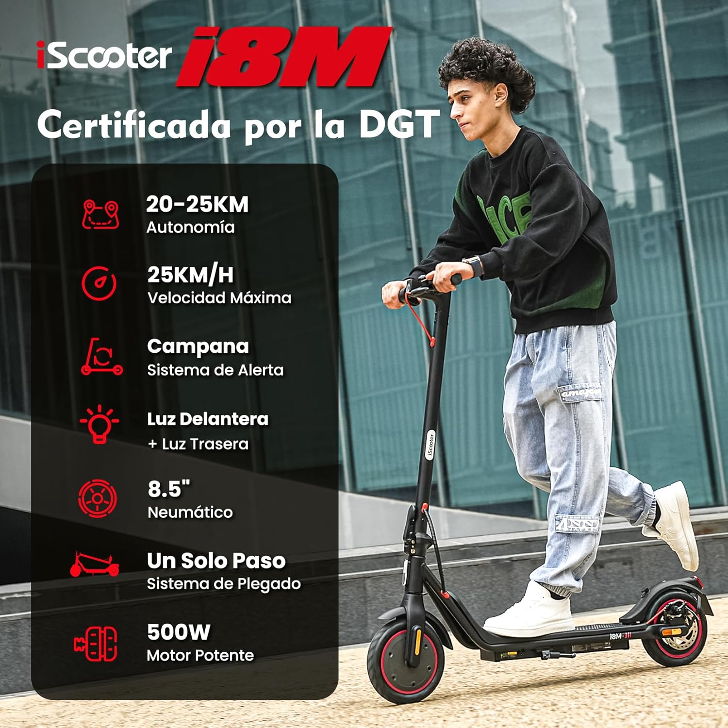 iScooter 8.5 Inch Electric Scooter, 500 W Motor, Max Speed 25 km/h, Horn, Bell, App, Double Brake, Foldable, Load 120 kg, Net Weight 13 kg, for Teens and Adults