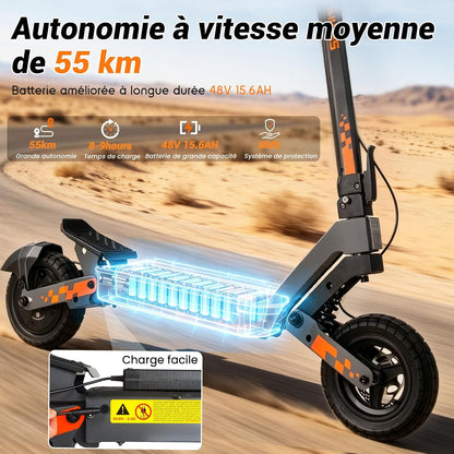 Kukirin G2 Adult Electric Scooter 48V 15.6Ah – 55 km Range Foldable All Terrain Electric Scooter Tubeless Tires 10 Inches, Double Suspension, Double Disc Brake, Touch Screen