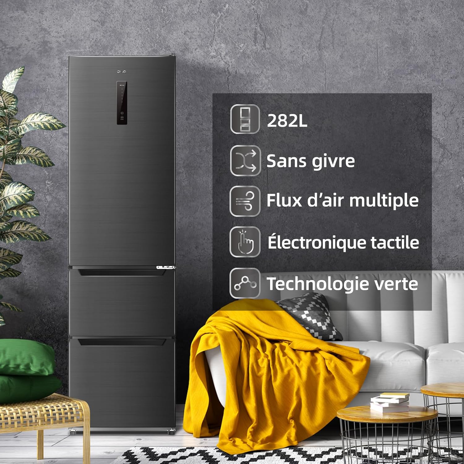 CHIQ 282L Freestanding Refrigerator with Freezer Drawers, 282L, Dual Reverse System, Frost-free, Multi-Airflow, Smart Touch Screen Input, Compressor
