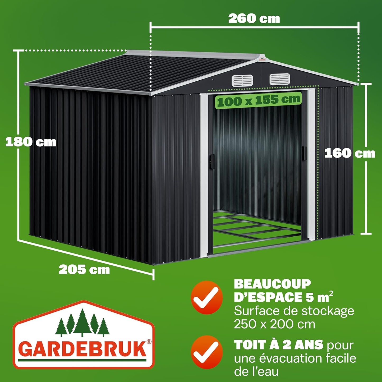 GARDEBRUK XXL Metal Garden Shed 5 m² Foundation 260 x 205 x 180 cm Sliding Door Anthracite Garden Shed Storage Tools 9m³