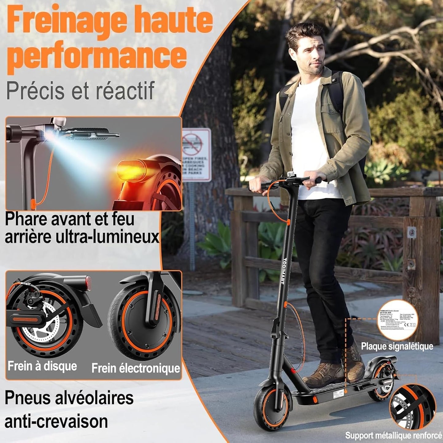TODIMART T3 Trottinette Electrique Adulte antivol Ultra Legere, Moteur 350W/25KM/H Autonomie 35KM Batterie 36V 7.8Ah,Trotinette électrique Adulte Pliable pneus nid d'abeille increvables, Charge 120kg